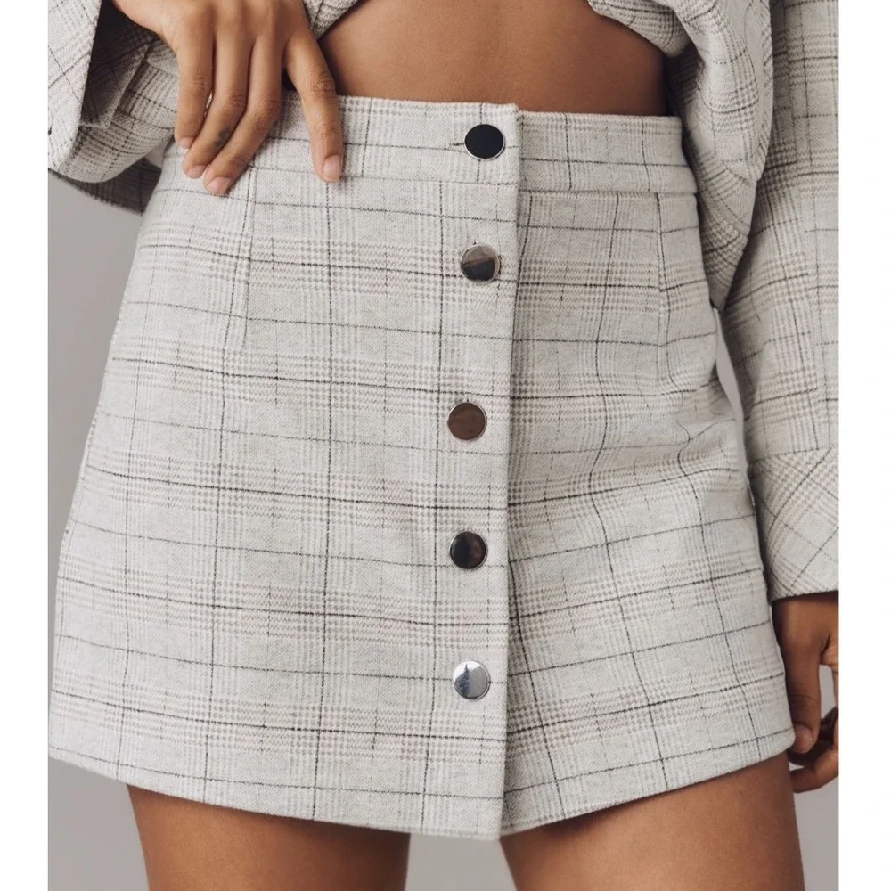 Maeve Cozy Plaid Grey Button Front Skort Women's Size 12‎ Preppy Academic NEW